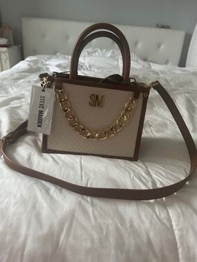 Steve Madden Cream and Brown Mini Satchel with Gold Chain